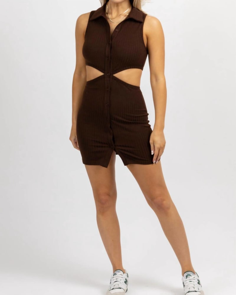 Front of a model wearing a size L Collared Cutout Mini Dress In Chocolate in Chocolate by Pretty Garbage. | dia_product_style_image_id:350562